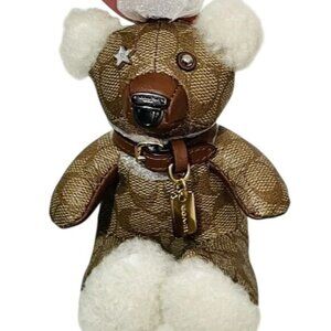 Coach Brown Signature Teddy Bear Bag Charm with White Fur Accents